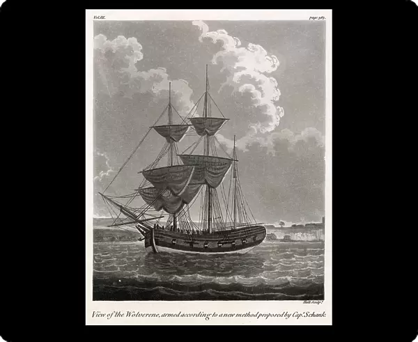 British naval warship, armed according to a new method proposed by Captain Schank Date: 1802