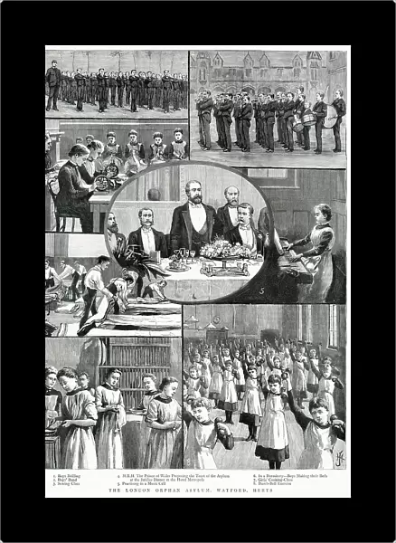 These are scenes from the London Orphan Asylum in Watford. 1) boys doing drill 2) the boys band 3) sewing class 4) the Prince of Wales proposing the toast of the asylum at the Jubilee Dinner at the Hotel Metropole 5