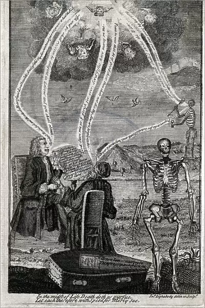 A physician, his patient, a coffin and two skeletons