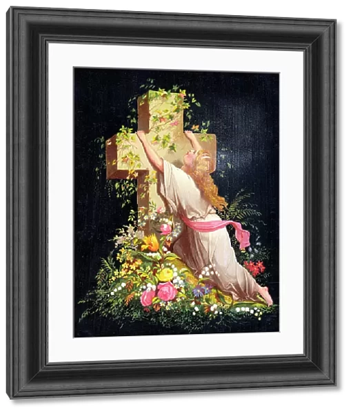 Mourning woman with cross and flowers