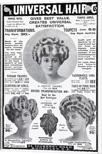 Advertisement for extensions made from finest quality human hair. Date: 1910