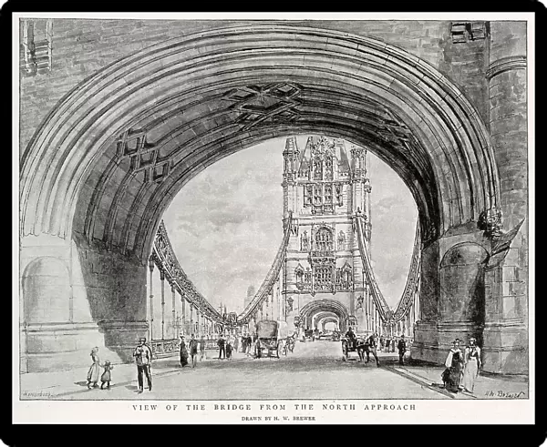View of Tower Bridge with horse carriages and people walking crossing. Date: 1894