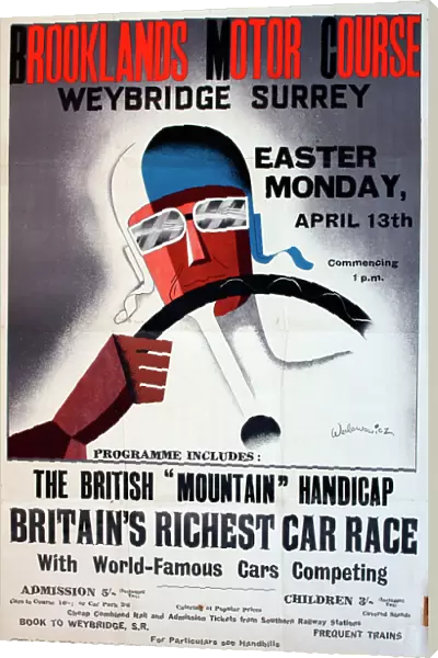 Poster, Brooklands Motor Course, Weybridge, Surrey, The British Mountain Handicap, Britain's Richest Car Race, Easter Monday, 13 April 1936. Date: 1936
