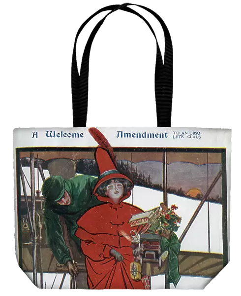Daughter Christmas, colour illustration by E F Sherie, showing daughter in red, alighting plane assisted by pilot. Captioned, A Welcome Amendment to an obsolete claus
