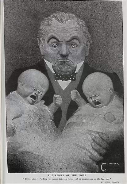 Caricature illustration of bewildered man holding twin political babies Radical and Tory, by Noel Pocock. Captioned, No Change'. With description, The Result Of The Polls: 'Twins again