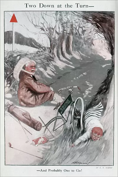 Colour illustration of golfer in tweeds, in an accident with butcher's boy on bike, P Bodge, Family Butcher. Outdoor scene in country lane by H H Harris. Captioned, Two Down at the Turn, And probably One to Go!'. Date: 1925
