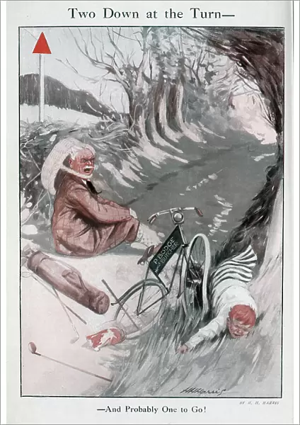Colour illustration of golfer in tweeds, in an accident with butcher's boy on bike, P Bodge, Family Butcher. Outdoor scene in country lane by H H Harris. Captioned, Two Down at the Turn, And probably One to Go!'. Date: 1925