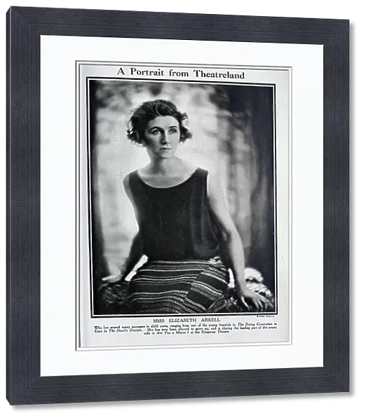 Elizabeth Arkell, (1891?-1962) actress, seated studio portrait. Captioned, A Portrait from Theatreland'. With description, Who has scored many successes in child parts