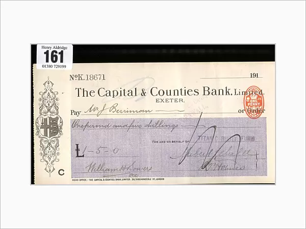 RMS Titanic - Relief Fund cheque, Mr J Berriman