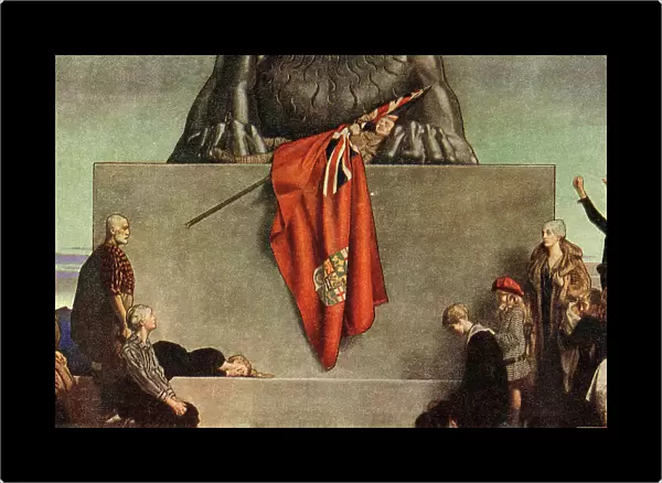 The Flag. An evocative painting of a soldier, who lay dead at the paws of a lion, 