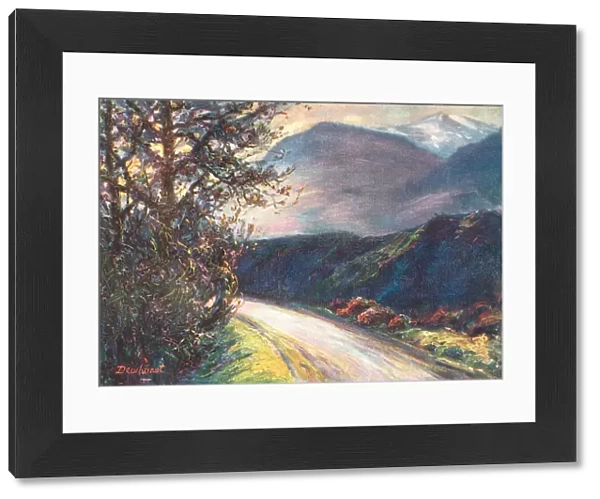 Idyll. A landscape painting of a quaint country road, with a high grass bank on one side,