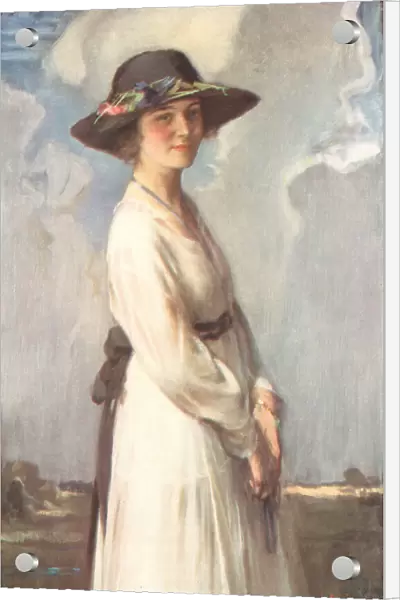 April. A portrait oil painting of a smiling young woman wearing a white