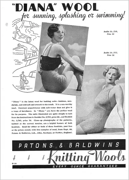Two models and line illustrations showing knitted wool swimsuts Date: 1935