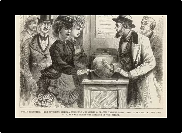 Women trying to vote at New York polling station, 1871
