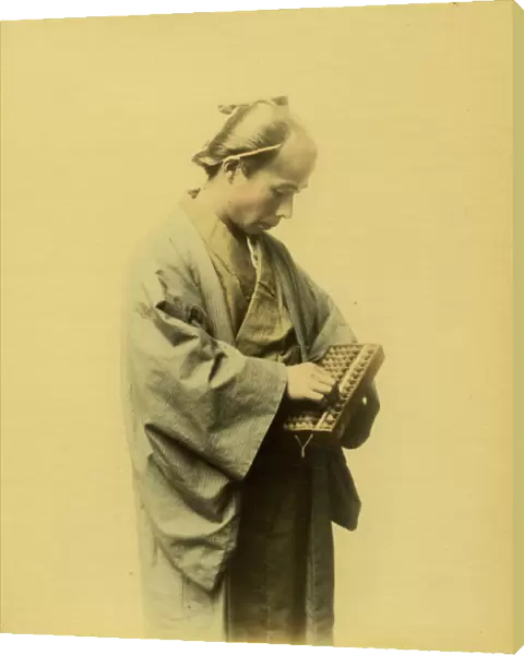 Japanese man counting on an abacus