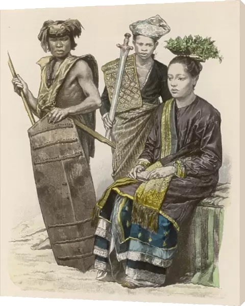BORNEO. Three natives of Borneo: two warriors (Dyaks) and a princess