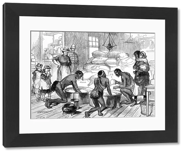 Illustrations of the Zulu war. Natives in a farmhouse making