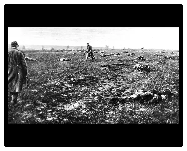 After a fight in Champagne: Bodies of fallen German soldiers strewn over a battlefield after action