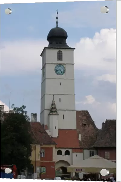 White clock tower in Sibiu, Romania