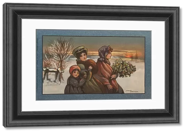Two women and a child in a snowy landscape