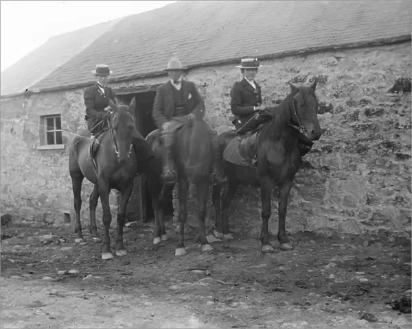 Three people on horseback, Tregwynt, West Wales