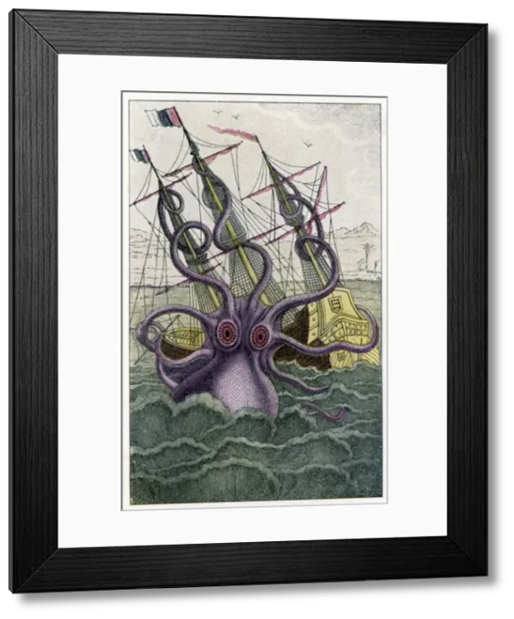 Framed Print : Kraken Attacks a Ship Print Framed Print : Kraken Attacks a Ship Print