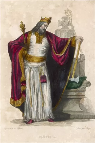 CLOVIS I, KING OF THE FRANKS standing by a throne