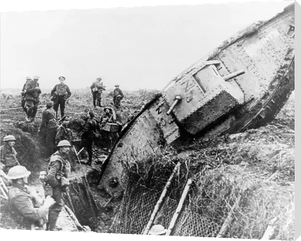British soldiers with tank in trench, Ribecourt, France, WW1