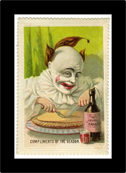 Xmas card. Clown with his pie and ale
