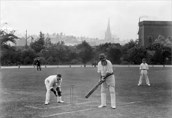 W G Grace. William Gilbert Grace playing cricket at Chesterfield, 10 August 1904 Date