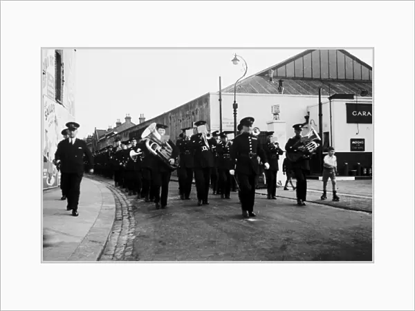 LFB band lead marching firefighters, SE London, WW2