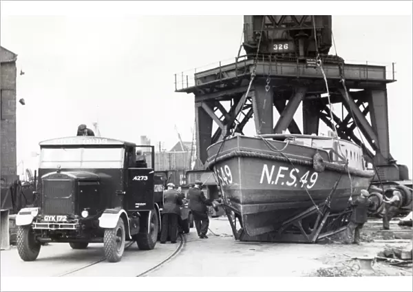Fireboat in a cradle waiting to be launched, WW2