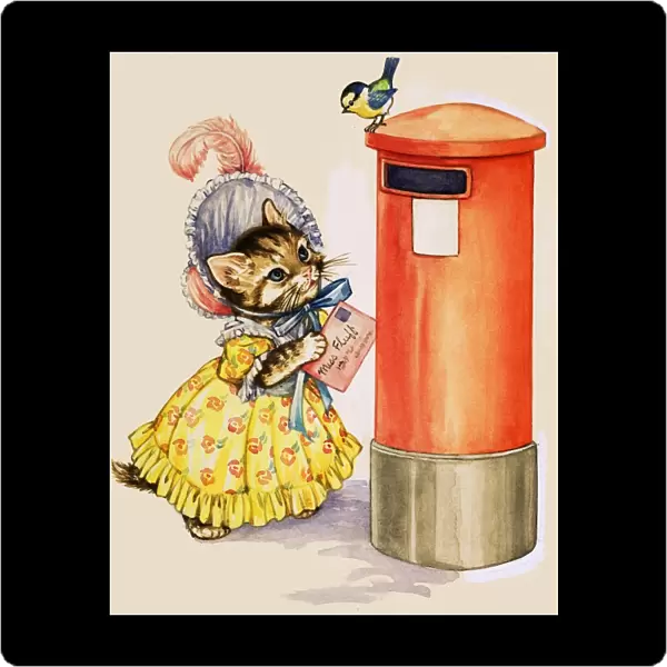 Cat in a bonnet posting a letter at a letter box