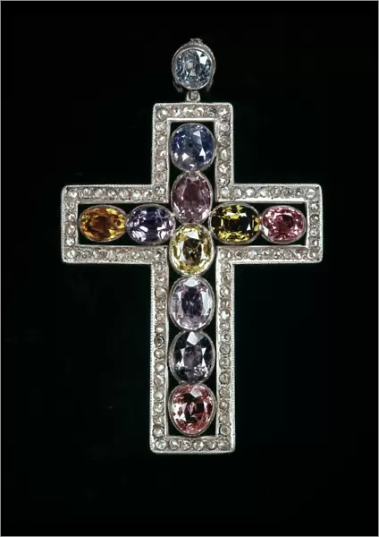 Crucifix set with sapphires, zircon, spinel, cairngorm and amethyst