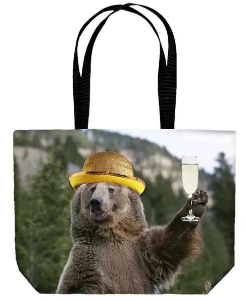 13132713. GRIZZLY BEAR wearing gold bowler hat holding a glass of champagne Date