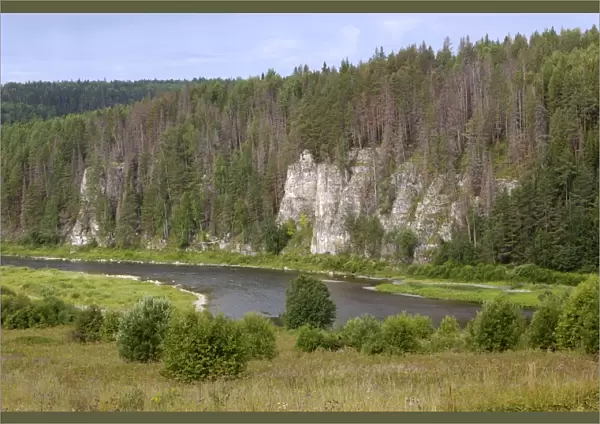 Limestone rocks along river Chusovaya -the symbol of conquest of Siberia, the only river that flows from Asia to Europe cutting through the Ural Mountains