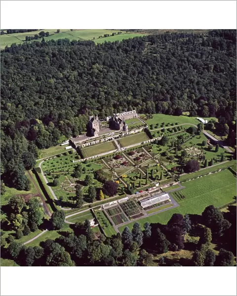 Aerial image of Scotland, UK: Drummond Castle and one of Scotland's finest Italian Renaissance style formal gardens, south of Crieff, Perthshire