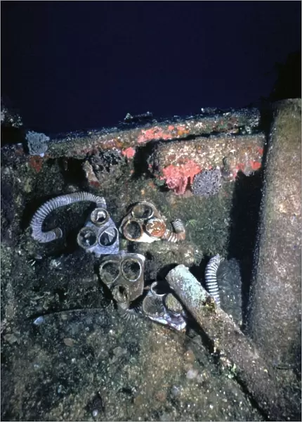 Gas masks - Lying on a Japanese war time wreck 100 feet down in Truk Lagoon. Truk Islands
