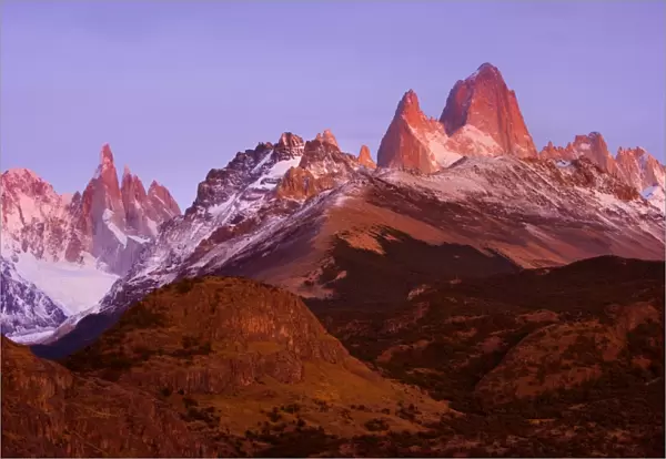 Fitz Roy Massif - at sunrise - mountain scenery including Cerro Torre and Cerro Fitz Roy at sunrise - Los Glaciares National Park - Patagonia - Argentina - South America