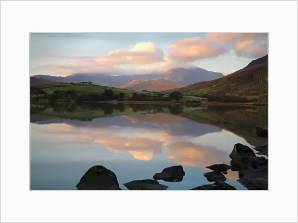 Snowdon at first light with a layer of cloud with reflections in Llynau Mymbya - November - Capel Curig - North Wales- UK