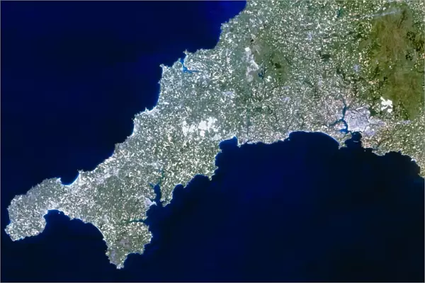 True-colour satellite image of Cornwall, UK