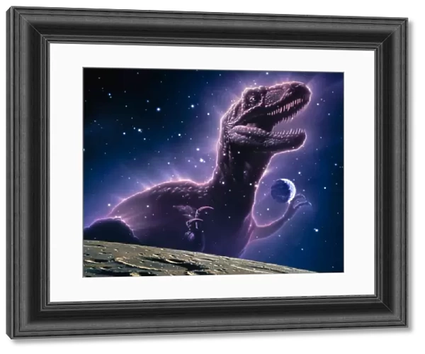 Conceptual art of a ghostly dinosaur over the Moon