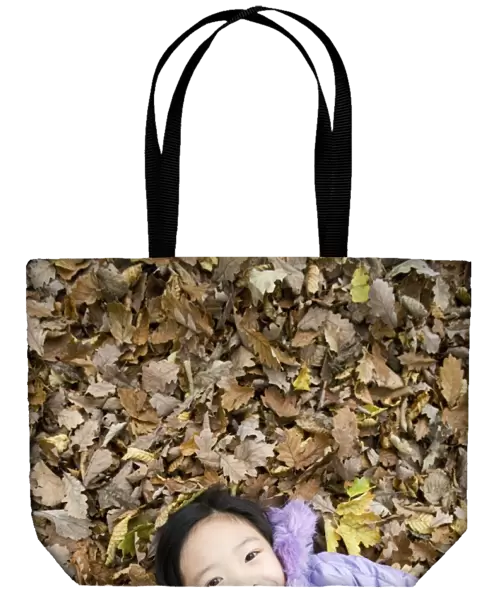 Smiling girl lying on autumn leaves