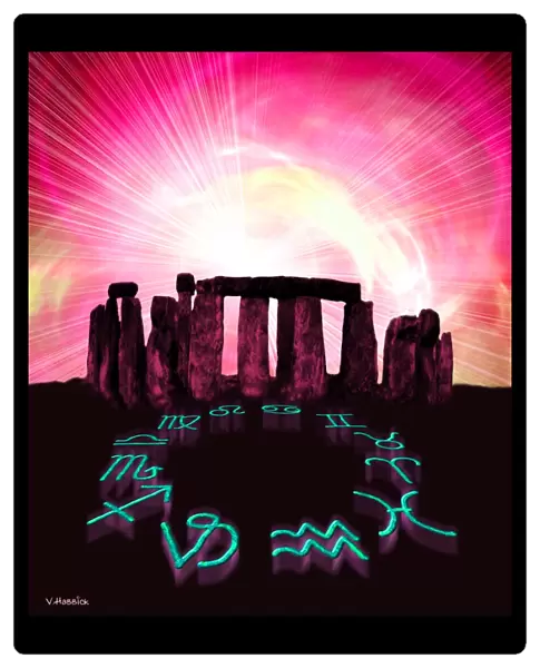 Computer artwork of Stonehenge and zodiac signs