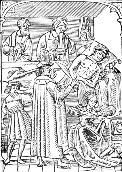 15th century woodcut showing plague victim