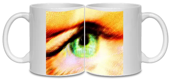 Eye. Computer artwork of a female eye with a maze superimposed on the iris (green)