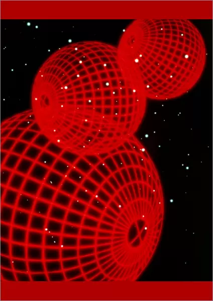 Three red wire-drawn spheres