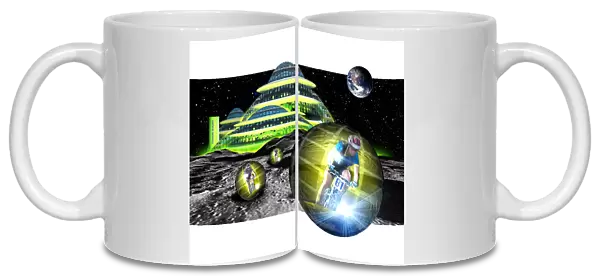 Computer artwork of men cycling from a Moon base