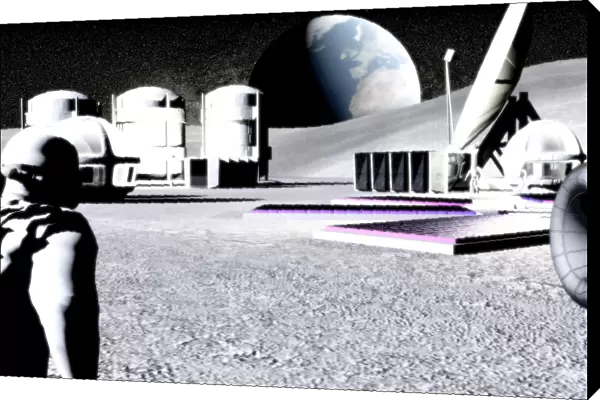 Moon base. Computer artwork of an astronaut at a base on the Moon
