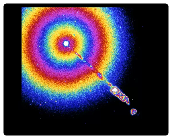 Computer-coloured view of jet in M87 active galaxy